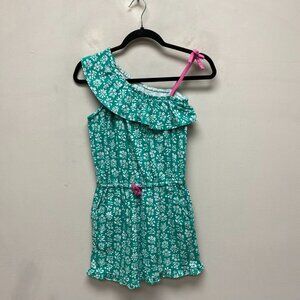 Mini Boden Kids Girls Green White Floral One Shoulder Tie Ruffle Romper 11-12Y